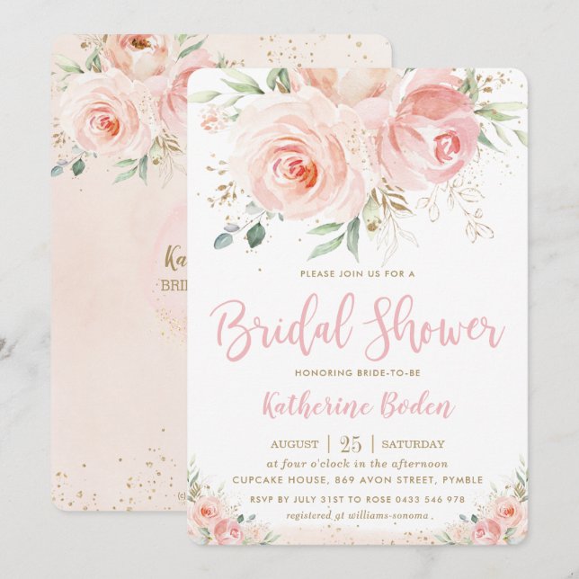 Elegant Blush Pink Floral Gold Girl Bridal Shower Invitation (Front/Back)