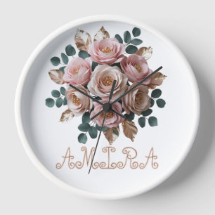 Elegant Blush Pink Floral Gold Monogram White Cloc Clock