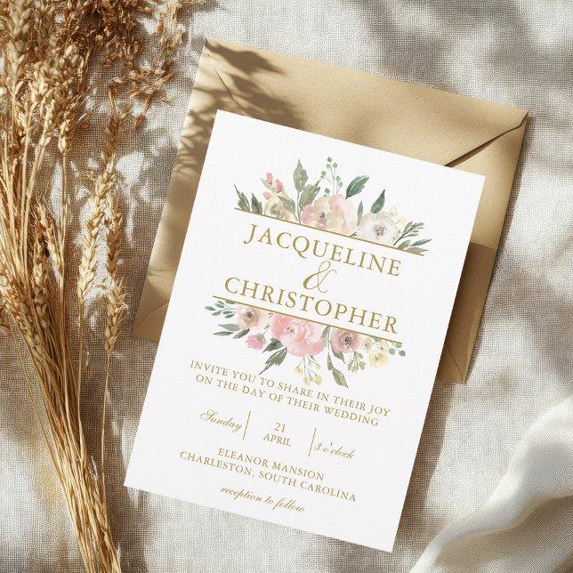 Elegant Blush Pink Floral Gold Script Wedding Invitation (Creator Uploaded)