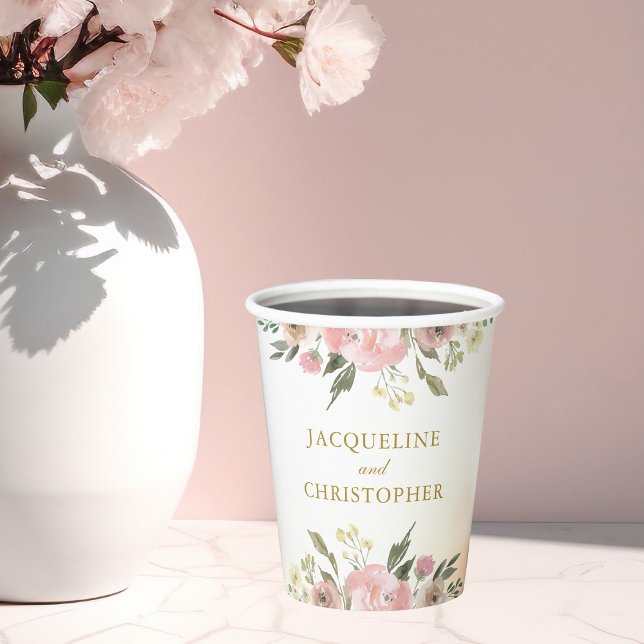 Elegant Blush Pink Floral Gold Script Wedding Paper Cups (Creator Uploaded)