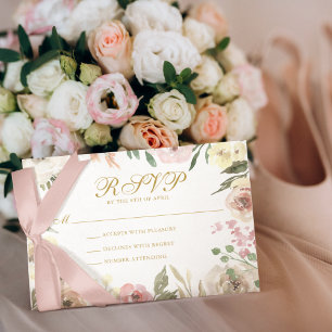 Elegant Blush Pink Floral Gold Script Wedding RSVP Card