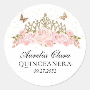 Elegant Blush Pink Floral Gold Tiara Quinceanera Classic Round Sticker