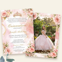 Elegant Blush Pink Floral Gold Tiara Quinceañera 