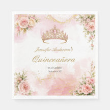 Elegant Blush Pink Floral Gold Tiara Quinceañera 