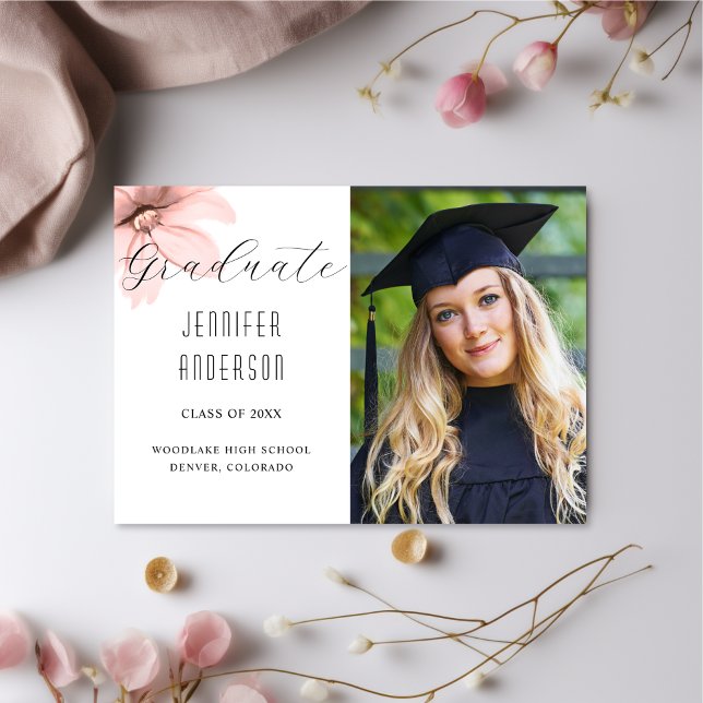 Elegant Blush Pink Floral Grad Photo  Announcement (Creator Uploaded)