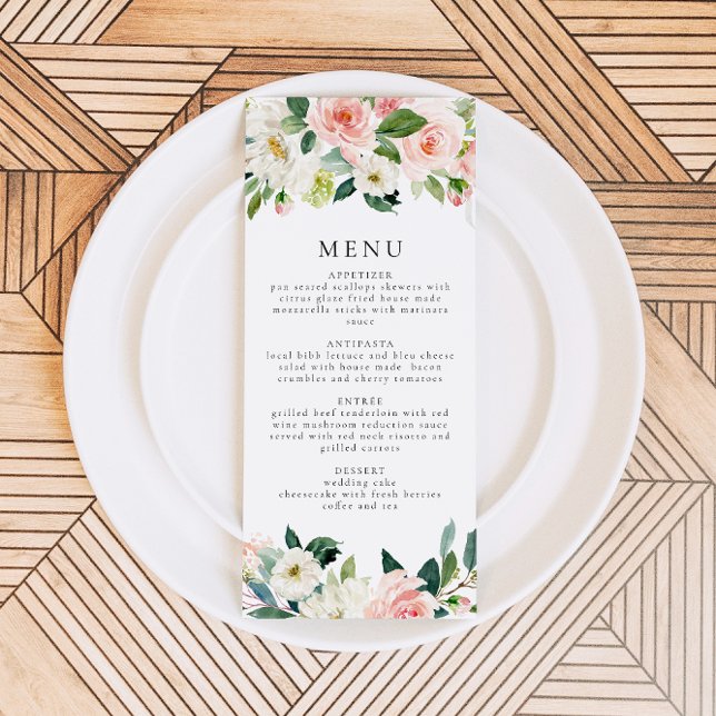 Elegant Blush Pink Floral Greenery Dinner Menu  Invitation (Creator Uploaded)