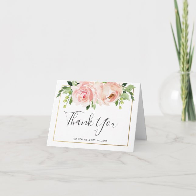 Elegant Blush Pink Floral Greenery Gold Wedding Thank You Card (Front)
