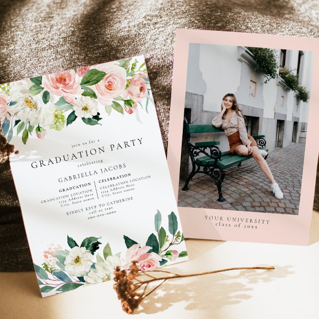 Elegant Blush Pink Floral Greenery Graduation  Invitation (Creator Uploaded)