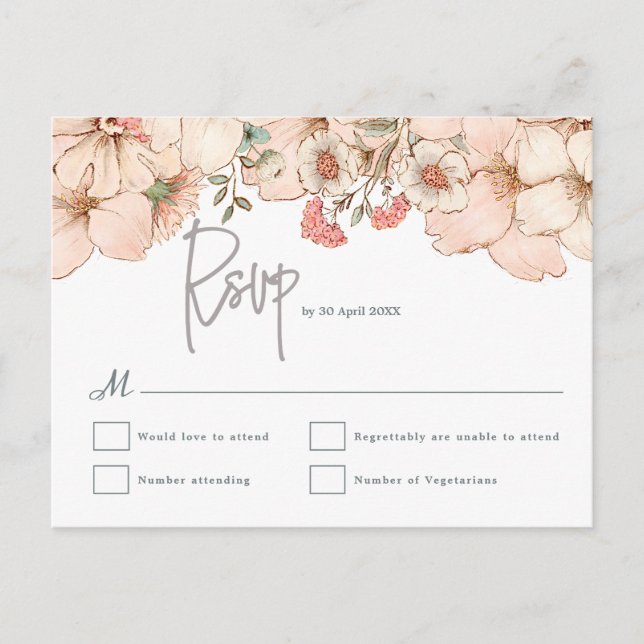 Elegant Blush Pink Floral Grey Script Wedding RSVP Postcard (Front)