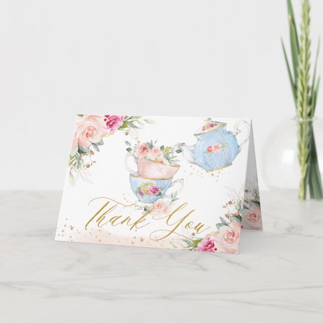 Elegant Blush Pink Floral High Tea Party Birthday Thank You Card (Front)