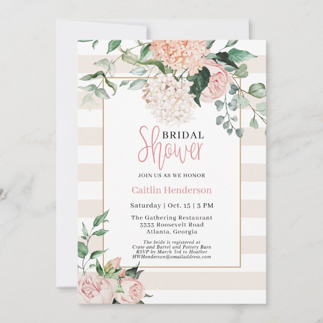 Elegant Blush Pink Floral Hydrangea Bridal Shower  Invitation (Front)
