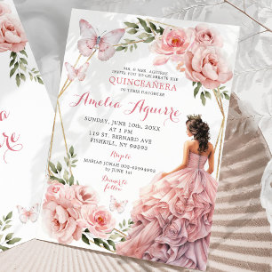Elegant Blush Pink Floral Mexican Quinceañera Invitation