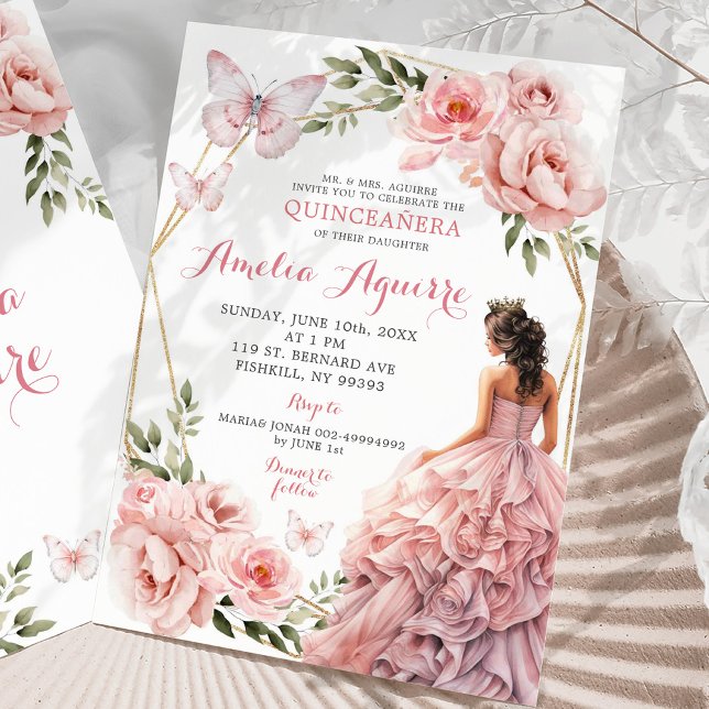 Elegant Blush Pink Floral Mexican Quinceañera Invitation (Creator Uploaded)
