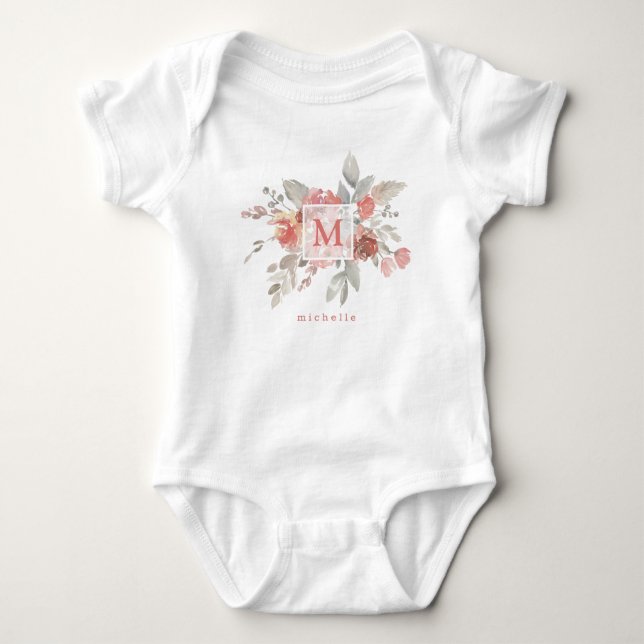 Elegant Blush Pink Floral Monogram  Baby Bodysuit (Front)