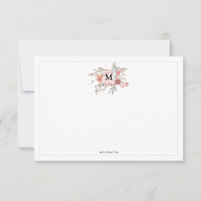 Elegant Blush Pink Floral Monogram Card (Front)