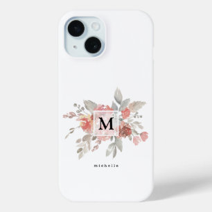 Elegant Blush Pink Floral Monogram iPhone 15 Case