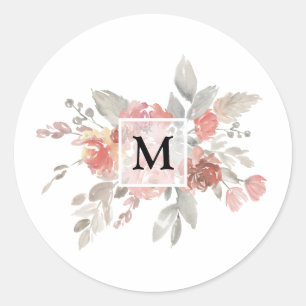 Elegant Blush Pink Floral Monogram Classic Round Sticker
