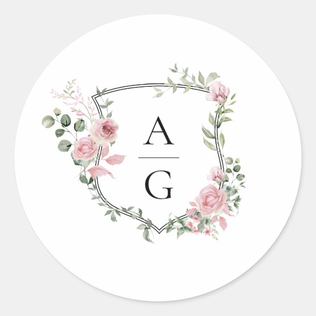 Elegant Blush Pink Floral Monogram Crest Wedding  Classic Round Sticker (Front)