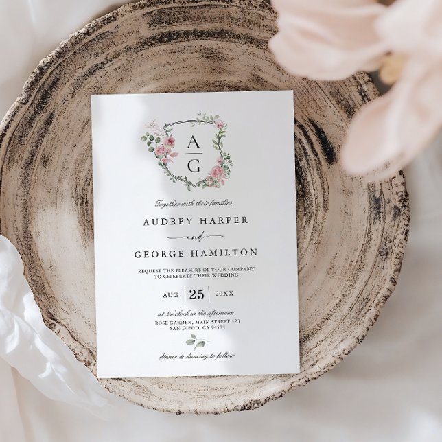 Elegant Blush Pink Floral Monogram Crest Wedding Invitation (Creator Uploaded)