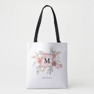 Elegant Blush Pink Floral Monogram Tote Bag