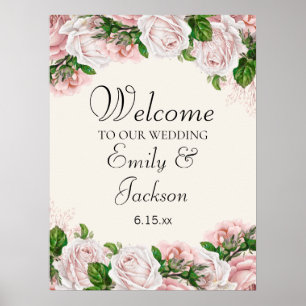 Elegant Blush Pink Floral on Cream Wedding Poster
