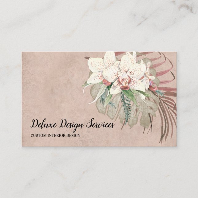 Elegant Blush Pink Floral Orchid Foliage Greenery Business Card (Front)