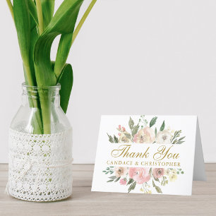 Elegant Blush Pink Floral Peony Gold Script Folded Thank You Card