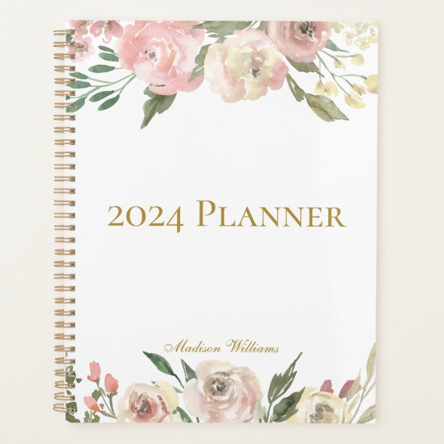 Elegant Blush Pink Floral Peony Personalised 2023 Planner (Front)