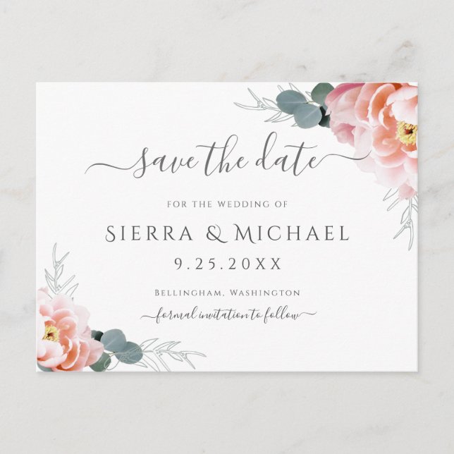 Elegant Blush Pink Floral Peony Save The Date Announcement Postcard (Front)