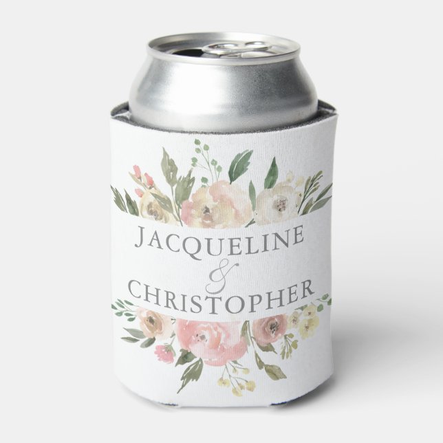 Elegant Blush Pink Floral Peony Spring Wedding Can Cooler (Can Front)