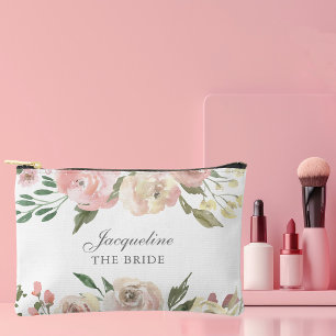 Elegant Blush Pink Floral Personalised Bride Accessory Pouch