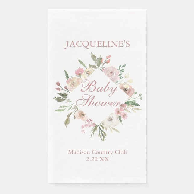 Elegant Blush Pink Floral Personalized Baby Shower Napkin (Front)