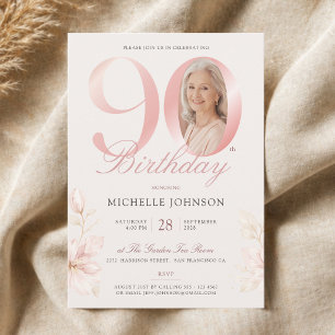 Elegant Blush Pink Floral Photo 90th Birthday Invitation
