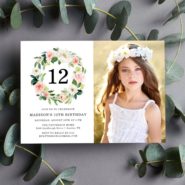 Elegant Blush Pink Floral Photo Birthday Party Invitation (Creator Uploaded)