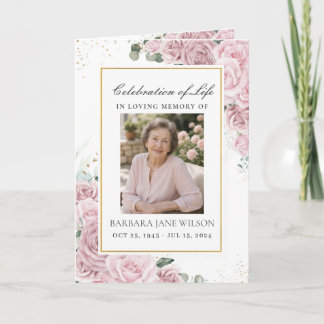 Elegant Blush Pink Floral Photo Funeral Memorial Programme