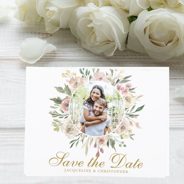 Elegant Blush Pink Floral Photo Gold Save The Date Postcard (Creator Uploaded)