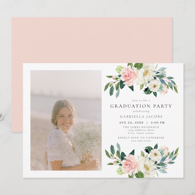 Elegant Blush Pink Floral Photo Graduation Party Invitation (Front/Back)