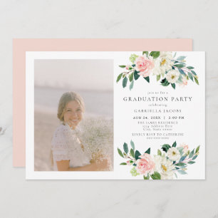 Elegant Blush Pink Floral Photo Graduation Party Invitation