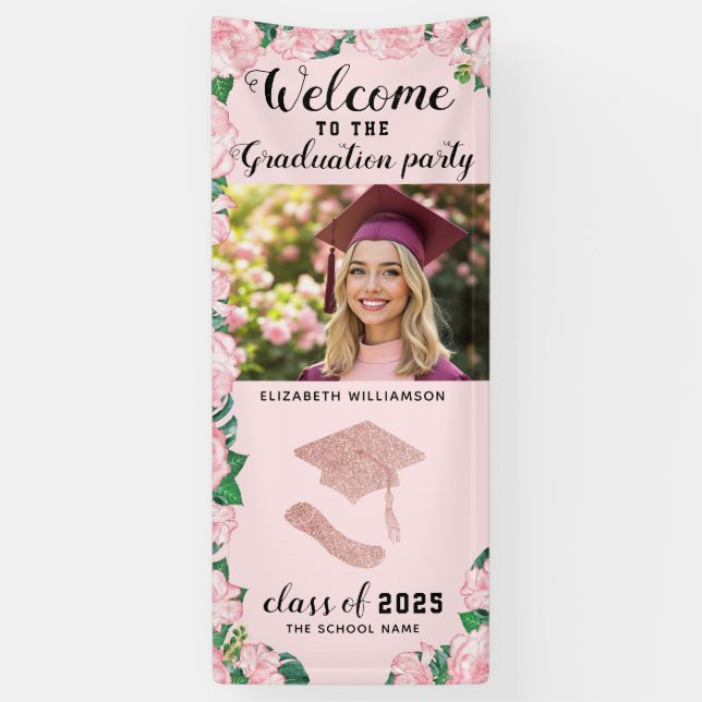Elegant Blush Pink Floral Photo Welcome Graduation Banner (Vertical)