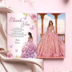 Elegant Blush Pink Floral Quinceañera Birthday Thank You Card