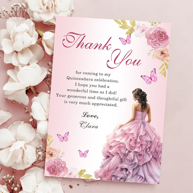 Elegant Blush Pink Floral Quinceañera Birthday Thank You Card (Creator Uploaded)