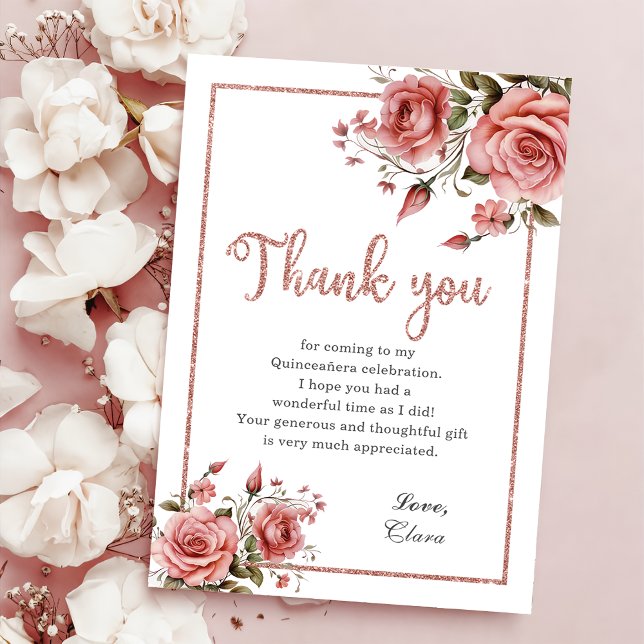 Elegant Blush Pink Floral Quinceañera Birthday Thank You Card (Creator Uploaded)