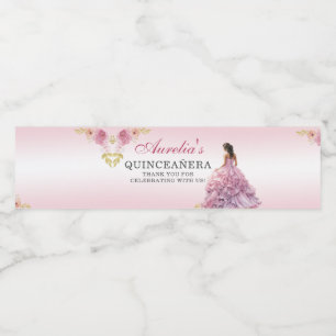 Elegant Blush Pink Floral Quinceañera Birthday Wat Water Bottle Label