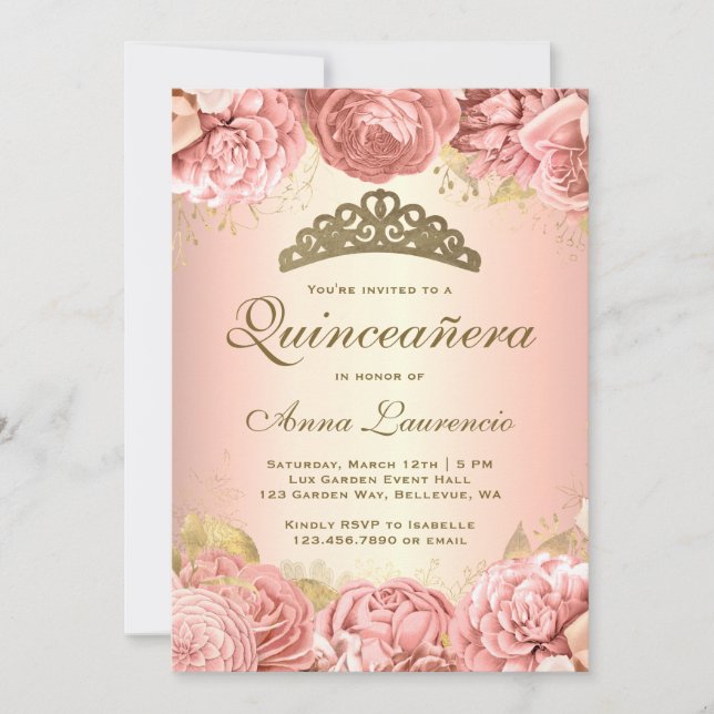 Elegant Blush Pink Floral Quinceanera Invitation (Front)