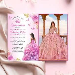 Elegant Blush Pink Floral Quinceañera Invitation