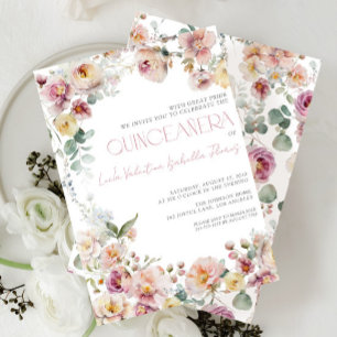 Elegant Blush Pink Floral Quinceañera Invitation