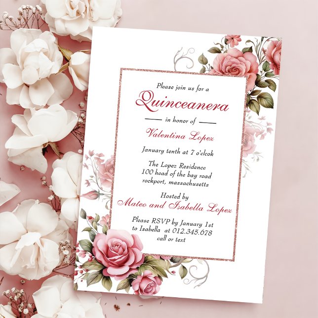 Elegant Blush Pink Floral Quinceanera Invitation (Creator Uploaded)