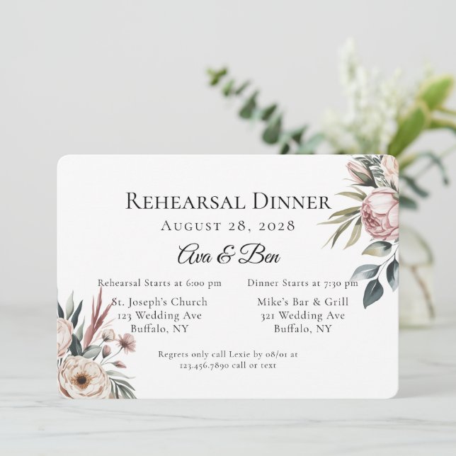 Elegant Blush Pink Floral Rehearsal Dinner Invitation (Standing Front)
