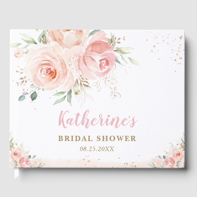 Elegant Blush Pink Floral Roses Gold Bridal Shower Guest Book (Front)