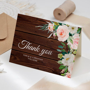 Elegant Blush Pink Floral Rustic Wood Thank You Card